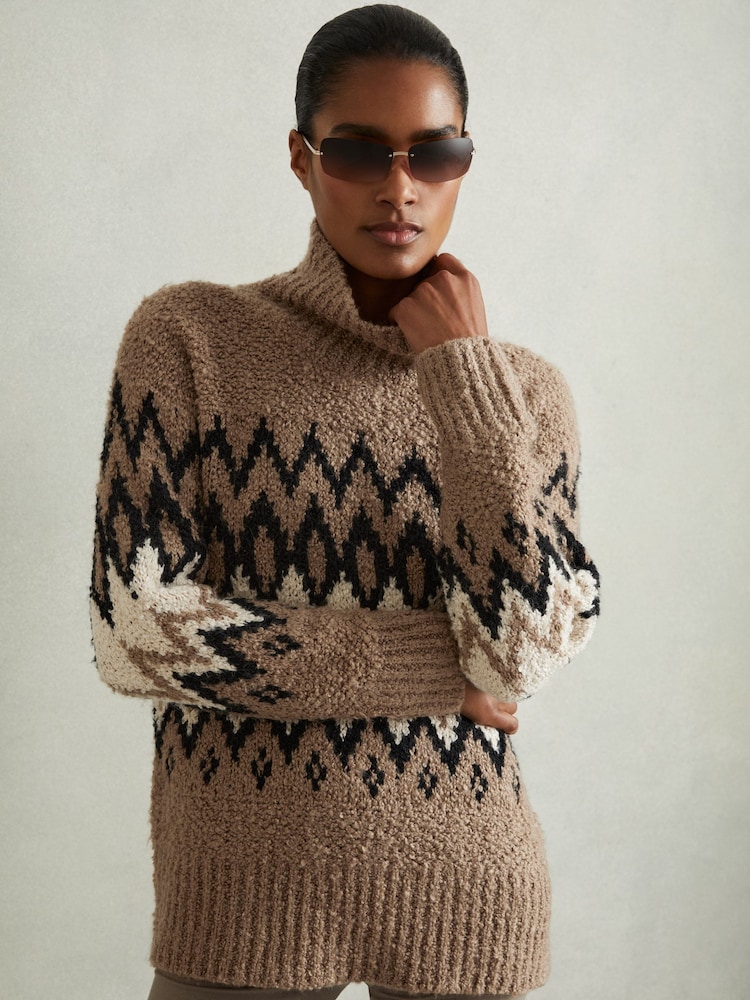 Reiss Brown Bobbi Chunky Fairisle Pattern Knit Funnel Neck Jumper - Image 1 of 6