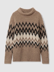 Reiss Brown Bobbi Chunky Fairisle Pattern Knit Funnel Neck Jumper - Image 2 of 6