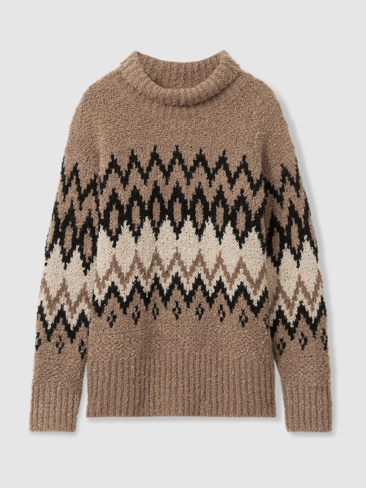 Reiss Brown Bobbi Chunky Fairisle Pattern Knit Funnel Neck Jumper - Image 2 of 6