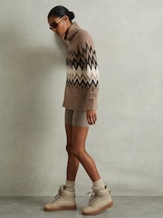 Reiss Brown Bobbi Chunky Fairisle Pattern Knit Funnel Neck Jumper - Image 3 of 6