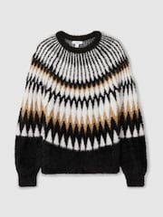 Reiss Black/Camel Indi Fuzzy Fairisle Pattern Crew Neck Jumper - Image 2 of 6