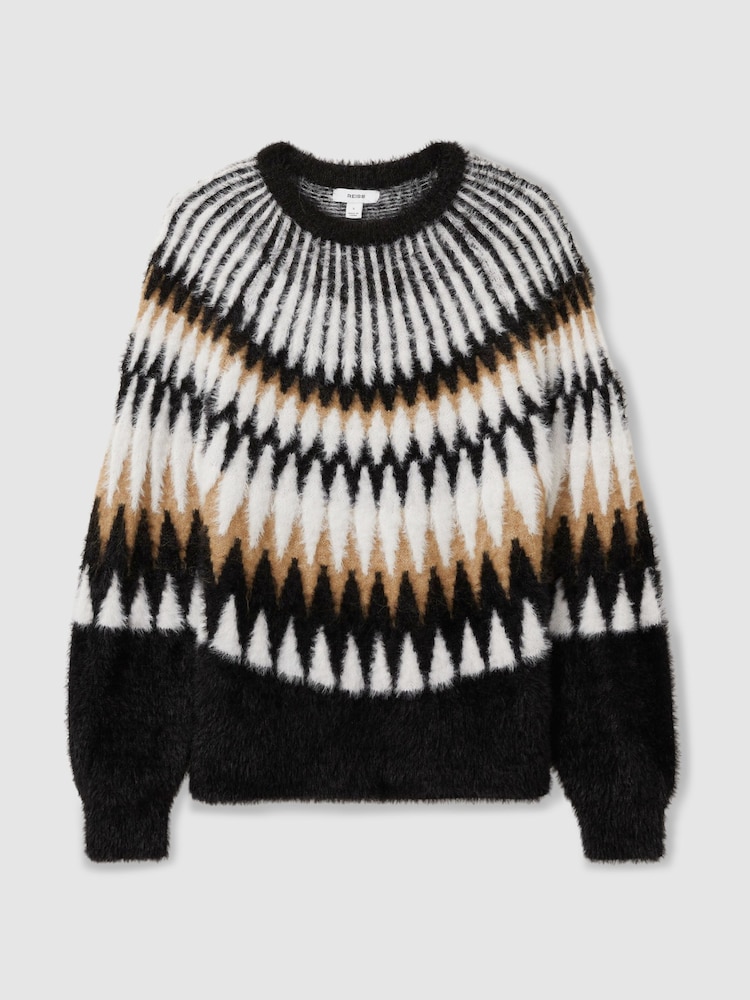 Reiss Black/Camel Indi Fuzzy Fairisle Pattern Crew Neck Jumper - Image 2 of 6