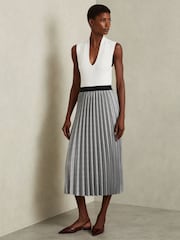 Reiss Grey Nova Checked Pleated Midi Skirt - Image 1 of 6