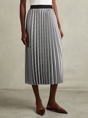 Reiss Grey Nova Checked Pleated Midi Skirt - Image 3 of 6