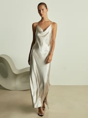 Silber - Reiss Slipdress aus Satin mit Wasserfallausschnitt und Paisley-Muster - Bild 1 von 6
