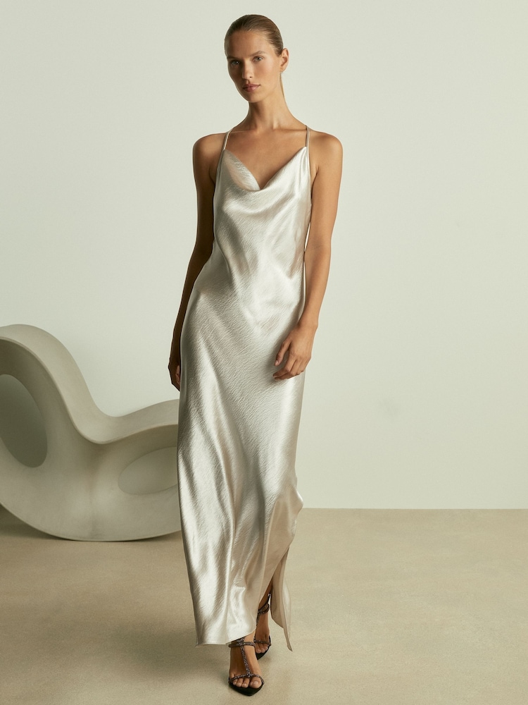 Silber - Reiss Slipdress aus Satin mit Wasserfallausschnitt und Paisley-Muster - Bild 1 von 6