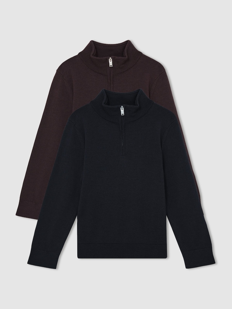 Reiss Navy/Dark Bordeaux Blackhall 2 Pack 13-14 yrs Two Pack Of Merino Wool Zip-Neck Jumpers - Image 1 of 5
