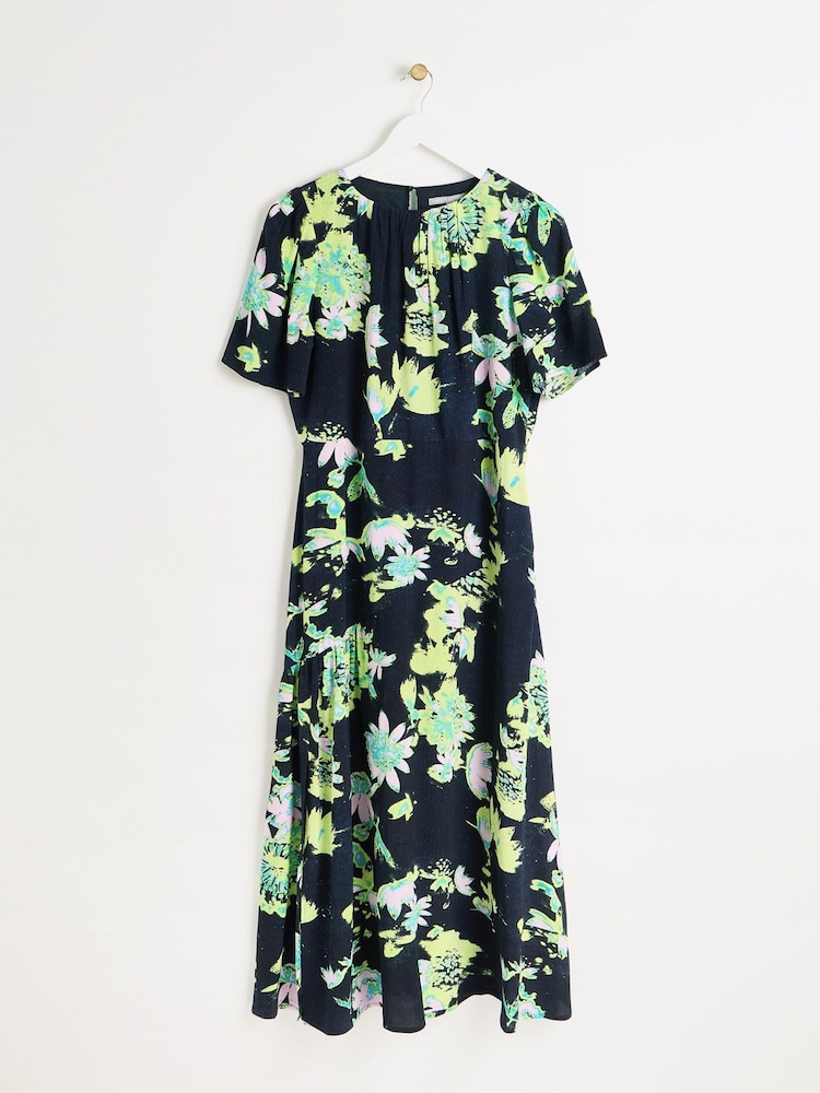 Oliver Bonas Black Botanical Print Midi Dress - Image 4 of 9