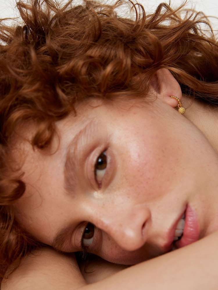 Oliver Bonas Gold Tone Elsie Textured Round Drop Hoop Earrings - Image 5 of 5 Oliver Bonas Gold Tone Elsie Textured Round Drop Hoop Earrings - Image 5 of 5