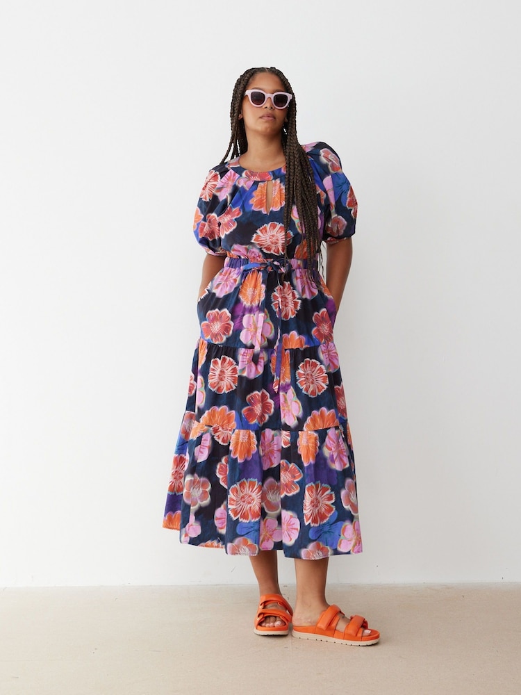 Oliver Bonas Blue Fantasy Floral Tiered Midi Dress - Image 1 of 9