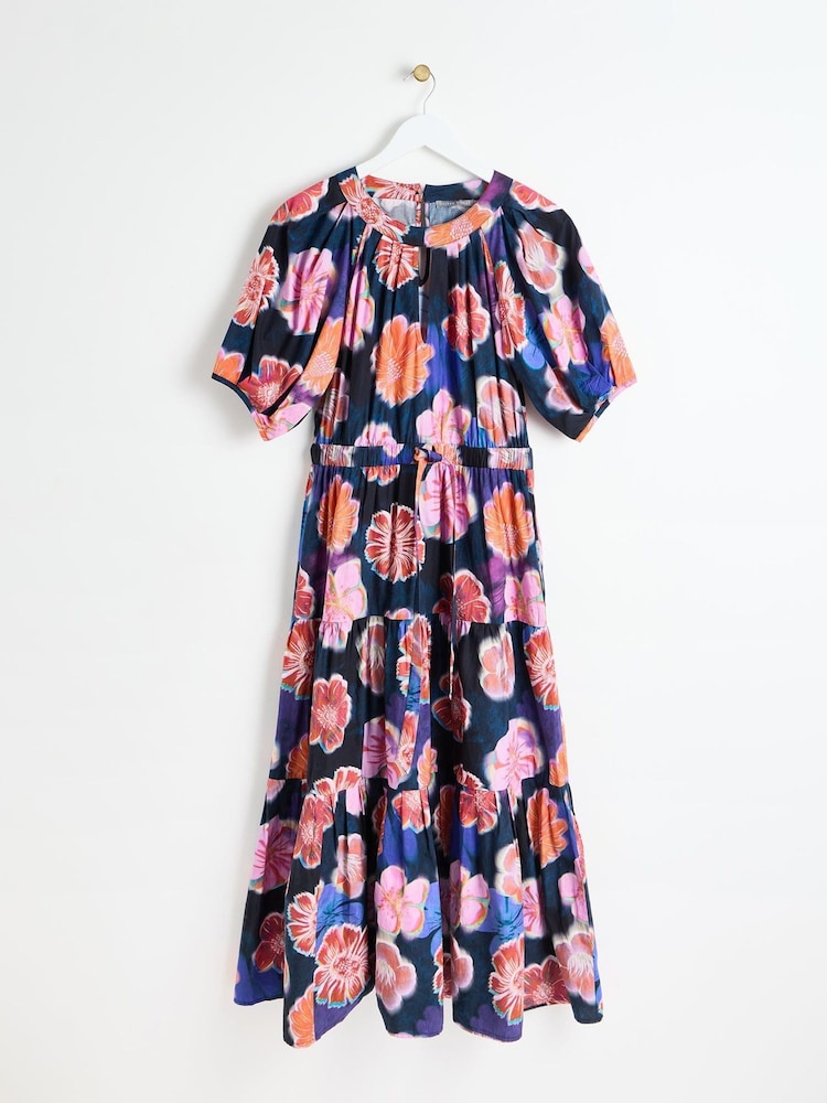 Oliver Bonas Blue Fantasy Floral Tiered Midi Dress - Image 4 of 9