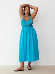 Oliver Bonas Blue Shirred Cross-Over Strap 100% Cotton Midi Dress - Image 1 of 9