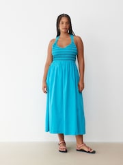 Oliver Bonas Blue Shirred Cross-Over Strap 100% Cotton Midi Dress - Image 2 of 9