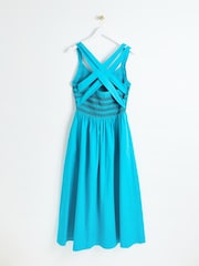 Oliver Bonas Blue Shirred Cross-Over Strap 100% Cotton Midi Dress - Image 5 of 9
