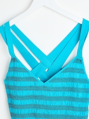 Oliver Bonas Blue Shirred Cross-Over Strap 100% Cotton Midi Dress - Image 6 of 9
