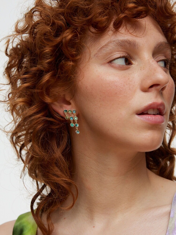 Oliver Bonas Green Bella Circle & Chain Tiered Green Drop Earrings - Image 1 of 6