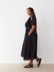 Oliver Bonas Black Broderie Tie Sleeve Midi Dress - Image 2 of 9