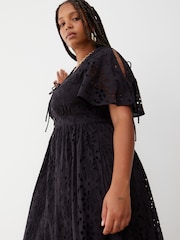 Oliver Bonas Black Broderie Tie Sleeve Midi Dress - Image 3 of 9