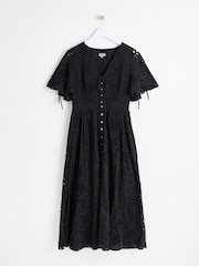 Oliver Bonas Black Broderie Tie Sleeve Midi Dress - Image 4 of 9