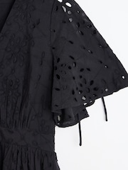 Oliver Bonas Black Broderie Tie Sleeve Midi Dress - Image 7 of 9