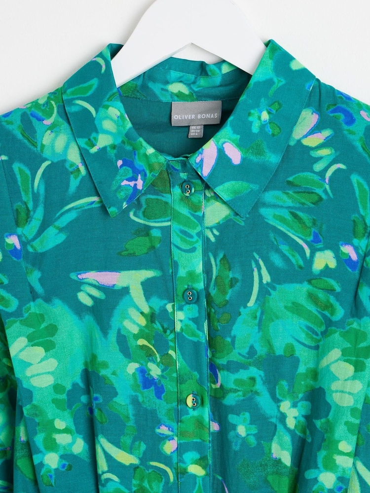 Oliver Bonas Green Daydream Floral Midi Shirt Dress - Image 6 of 9