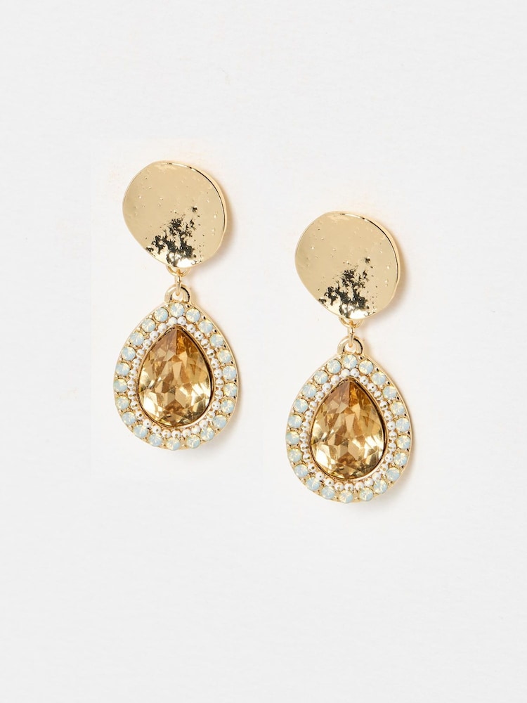 Oliver Bonas Gold Tone Kitty Circular Disc & Glass Stone Drop Earrings - Image 2 of 6 Oliver Bonas Gold Tone Kitty Circular Disc & Glass Stone Drop Earrings - Image 2 of 6