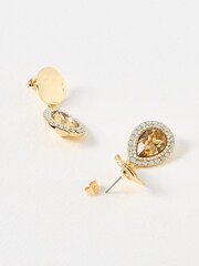 Oliver Bonas Gold Tone Kitty Circular Disc & Glass Stone Drop Earrings - Image 3 of 6