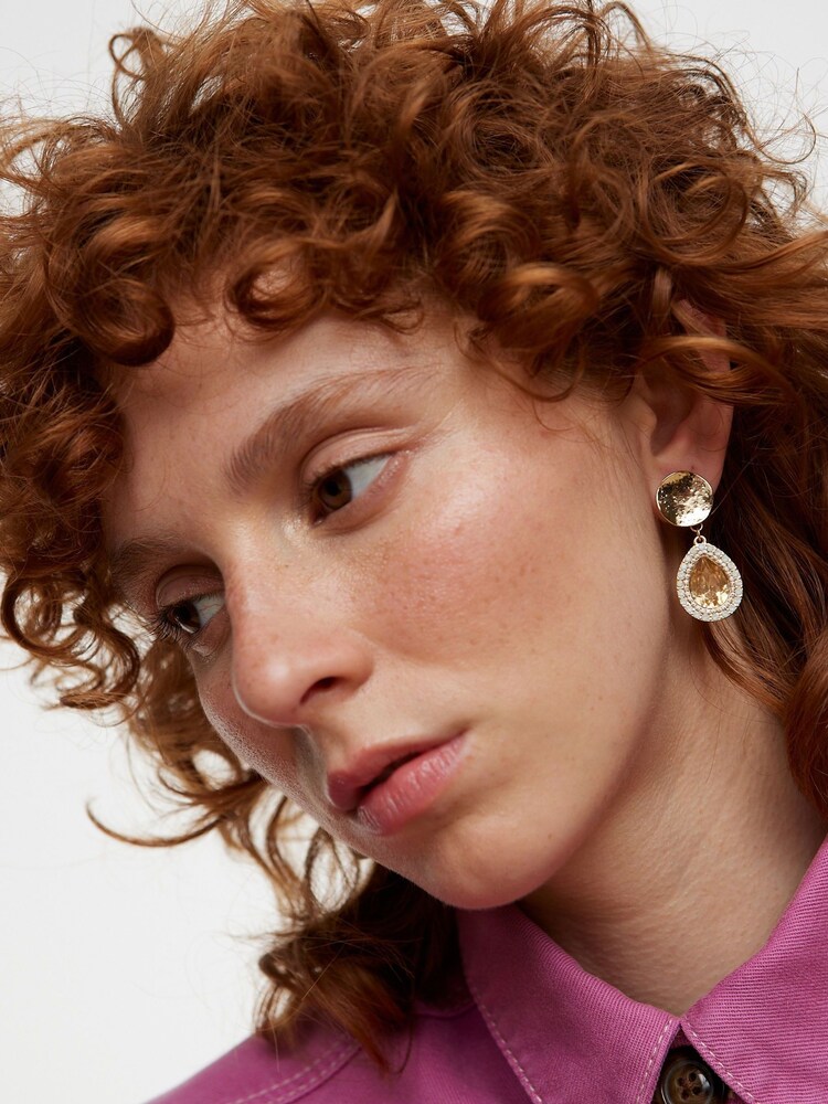 Oliver Bonas Gold Tone Kitty Circular Disc & Glass Stone Drop Earrings - Image 6 of 6