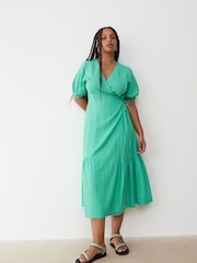 Oliver Bonas Green Textured Wrap Midi Dress - Image 1 of 9