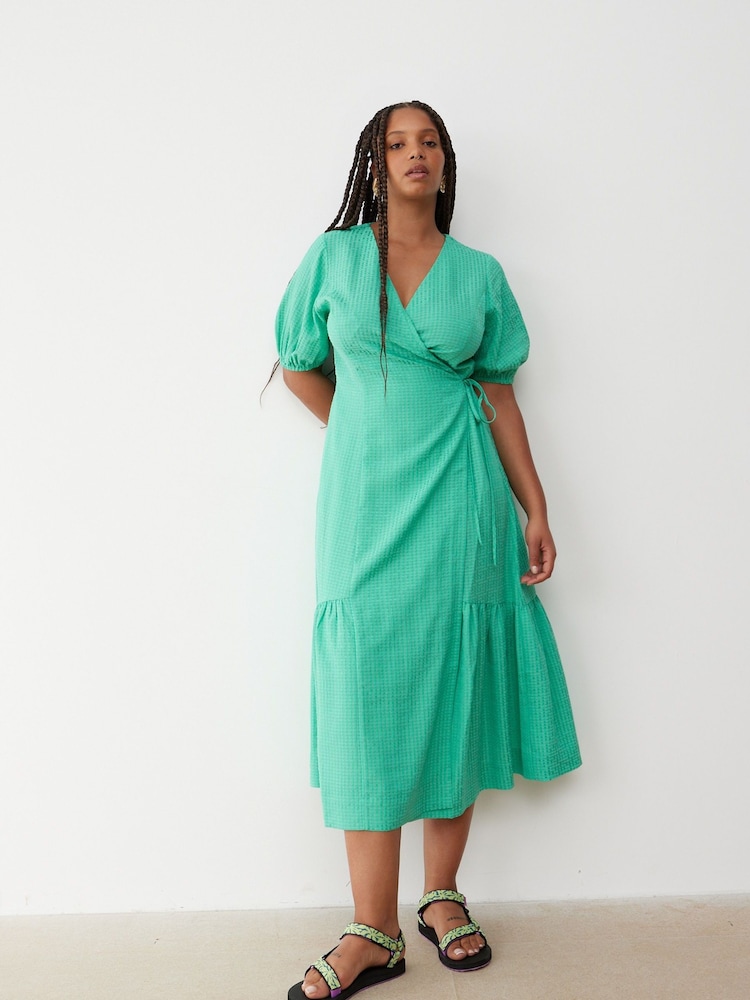 Oliver Bonas Green Textured Wrap Midi Dress - Image 1 of 9
