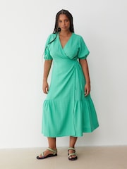 Oliver Bonas Green Textured Wrap Midi Dress - Image 3 of 9