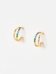 Oliver Bonas Blue Melody Coloured Stone Double Row Gold Hoop Earrings - Image 1 of 7