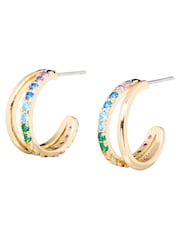 Oliver Bonas Blue Melody Coloured Stone Double Row Gold Hoop Earrings - Image 2 of 7