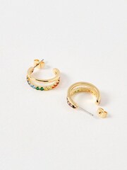 Oliver Bonas Blue Melody Coloured Stone Double Row Gold Hoop Earrings - Image 3 of 7
