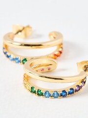 Oliver Bonas Blue Melody Coloured Stone Double Row Gold Hoop Earrings - Image 4 of 7