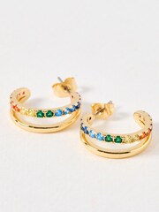 Oliver Bonas Blue Melody Coloured Stone Double Row Gold Hoop Earrings - Image 5 of 7