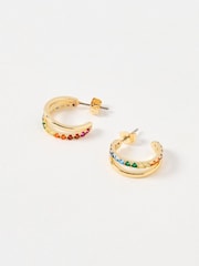 Oliver Bonas Blue Melody Coloured Stone Double Row Gold Hoop Earrings - Image 6 of 7