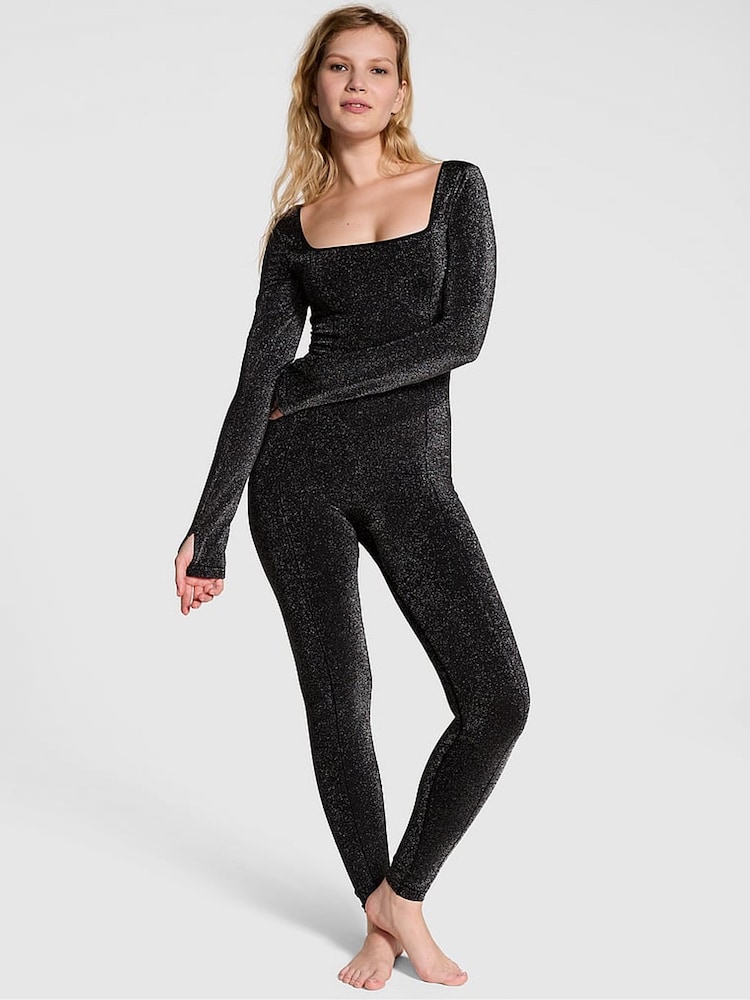 Victoria's Secret PINK Black Shine Seamless Square Neck Jumpsuit - Image 1 of 3