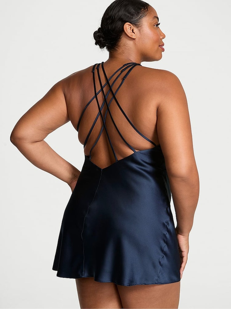 Victoria's Secret Dark Twilight Blue Shine Strappy Back Satin Slip Dress - Image 2 of 4