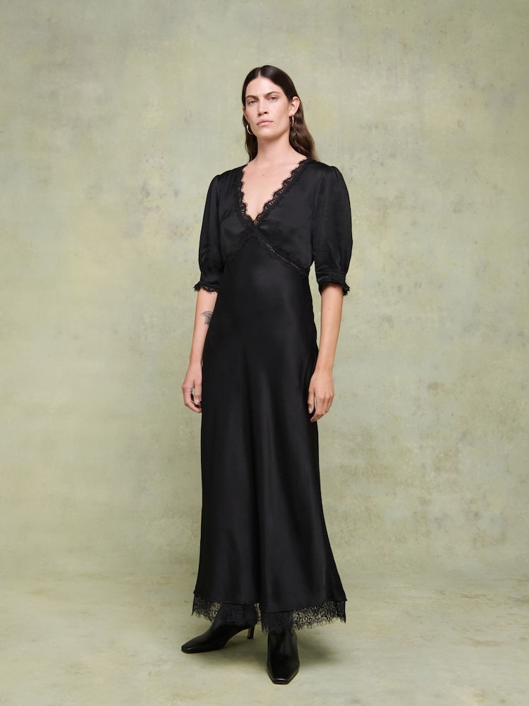 Rixo Black Annina Lace Trim Midi Dress - Image 1 of 5