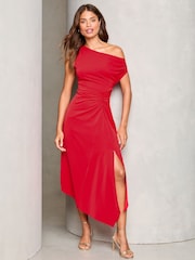 Lipsy Red Petite Off Shoulder Fit and Flare Asymmetrical Midi Dress - Image 3 of 4