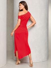 Lipsy Red Petite Off Shoulder Fit and Flare Asymmetrical Midi Dress - Image 4 of 4