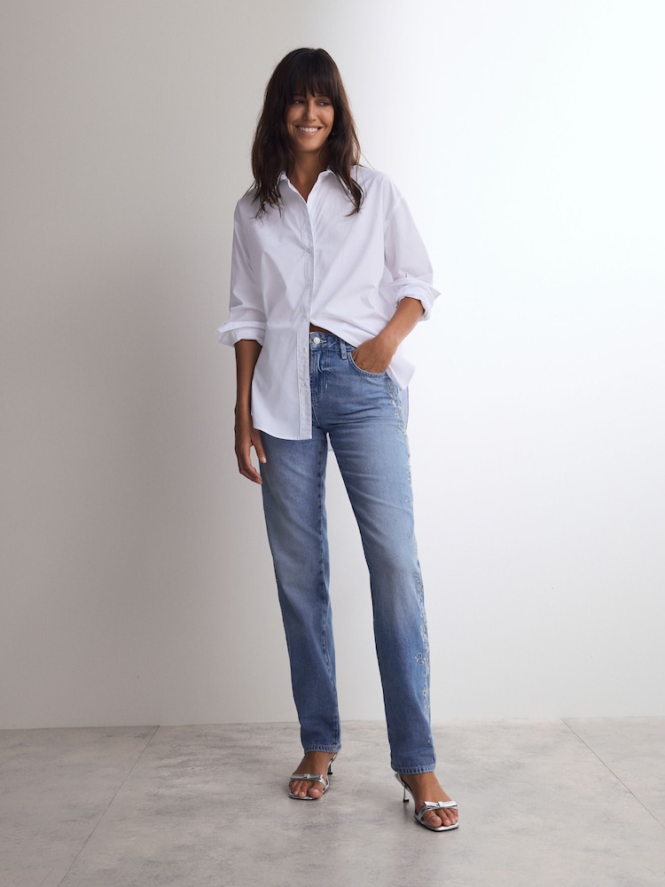 Mid Blue 100% Cotton Embroidered Straight Leg Jeans - Image 2 of 9