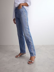 Mid Blue 100% Cotton Embroidered Straight Leg Jeans - Image 4 of 9