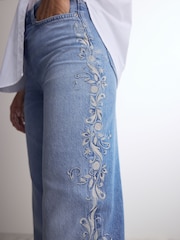 Mid Blue 100% Cotton Embroidered Straight Leg Jeans - Image 6 of 9