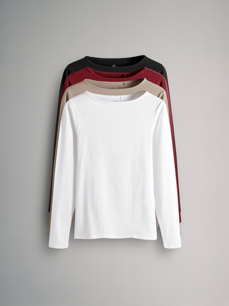 The Set Black/Berry Red/Taupe Brown/White 4 Pack Boat Neck Long Sleeve Tops - Image 2 of 11