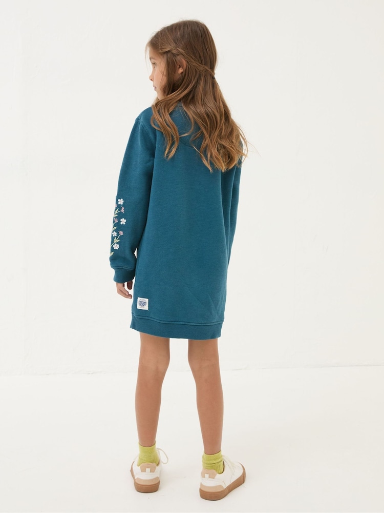 FatFace Teal Blue Embroidered Sweat Dress - Image 2 of 4