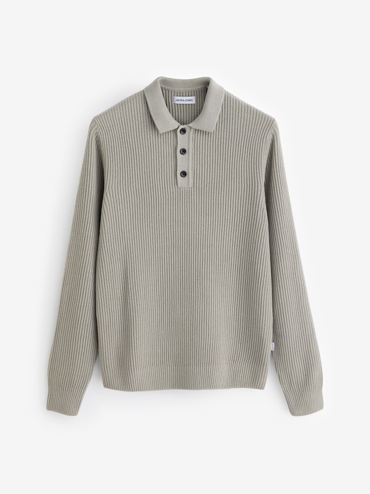 JACK & JONES Grey Ribbed Knitted Long Sleeve Polo Top - Image 1 of 1