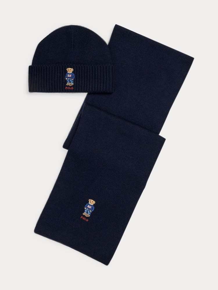 Polo Ralph Lauren Geschenkset mit Beanie und Schal mit blauem Bären - Bild 1 von 1