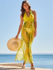 Sosandar Green Feather Print Halter Neck Maxi Beach Dress - Image 1 of 5